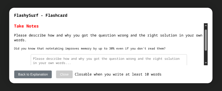 Note-taking interface on a flashcard